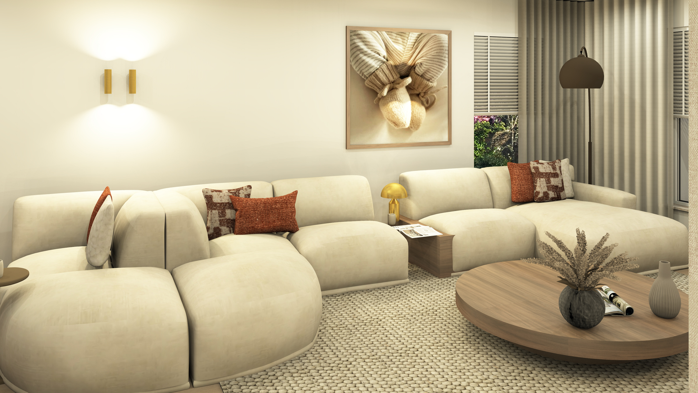 Woonkamer met lichte muren en beige hoekbank.