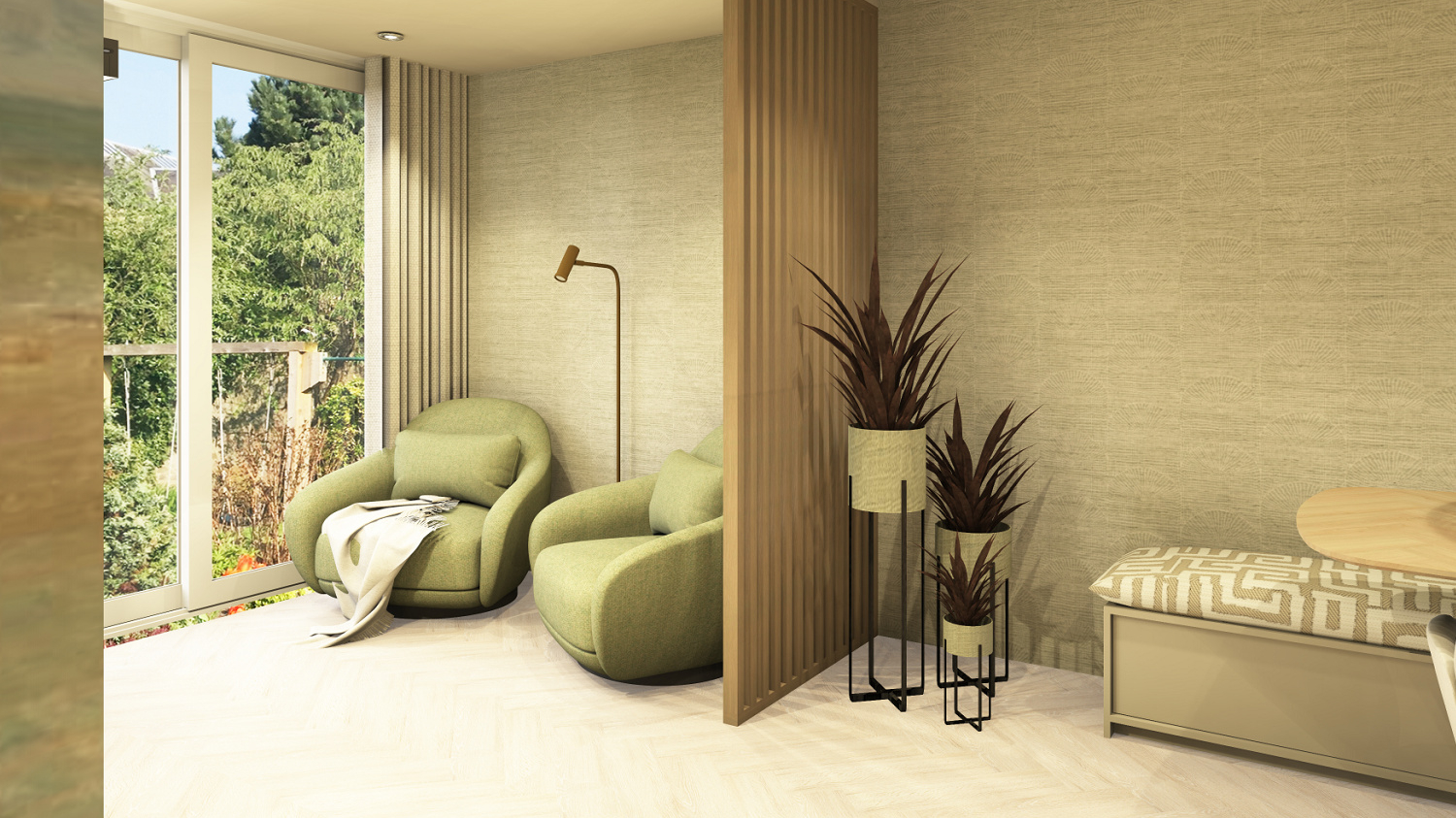 Lichte woonkamer met houten details en twee groene stoelen