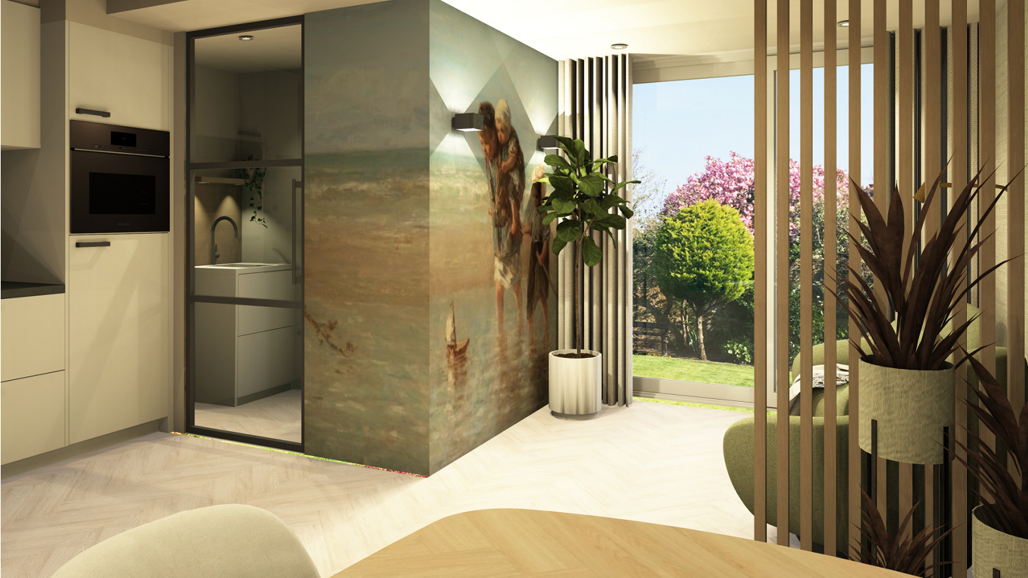 Lichte woonkamer met planten en houten latten